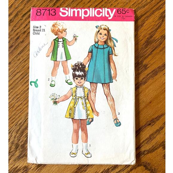 Vintage 1970s Simplicity 8713 Sewing Pattern Size 2 Toddler Girl Dress COMPLETE - Picture 1 of 2